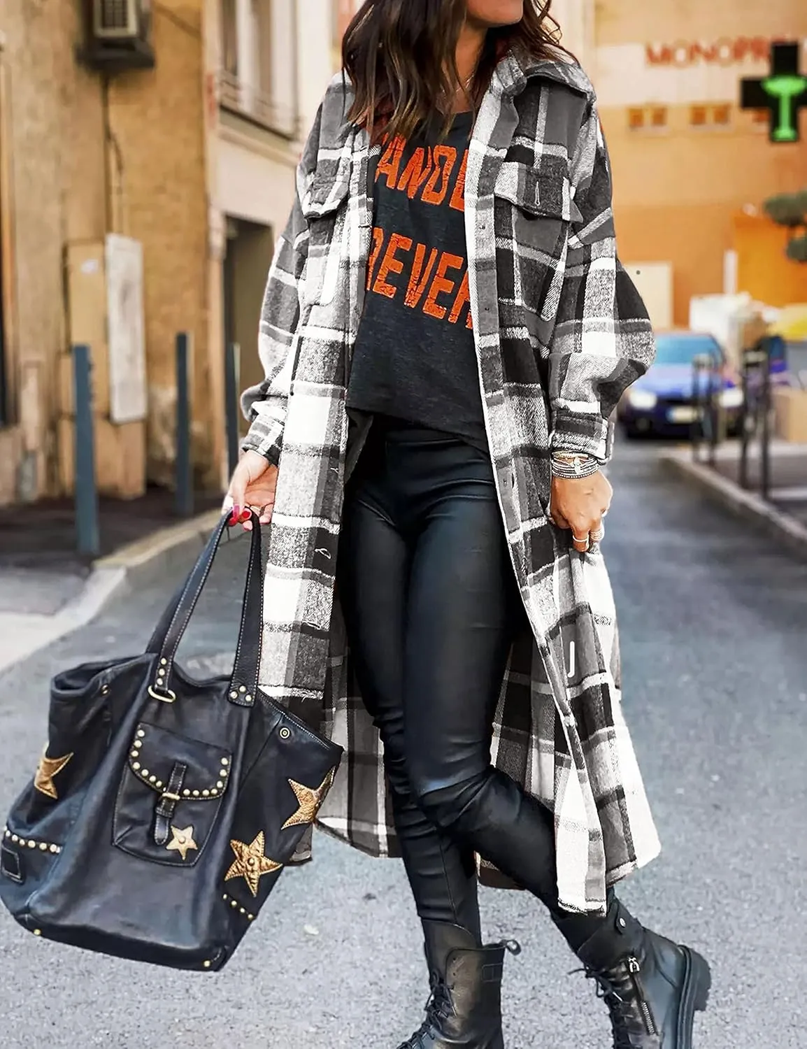 Zontroldy Casual Long Plaid Shirts Shacket Jacket Button Down Long Sleeve Shirts Trench Coats for Women