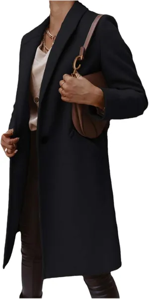 ZWRXW Womens Fall Winter Woolen Coat Trendy Loose Elegant Lapel Trench Classy Solid Button Work Long Jacket with Pocket
